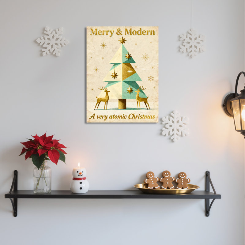 Arbre de Noël joyeux et moderne avec cerf et étoiles, reproduction d'art sur toile tendue sur toile, ensemble de 1