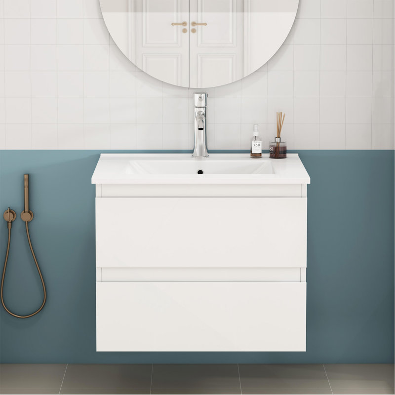 Ensemble de meuble-lavabo 24 po avec lavabo, armoire avec 2 grands tiroirs, système de fermeture en douceur, 2 grands tiroirs, conception sans poignée, assemblage facile, blanc brillant