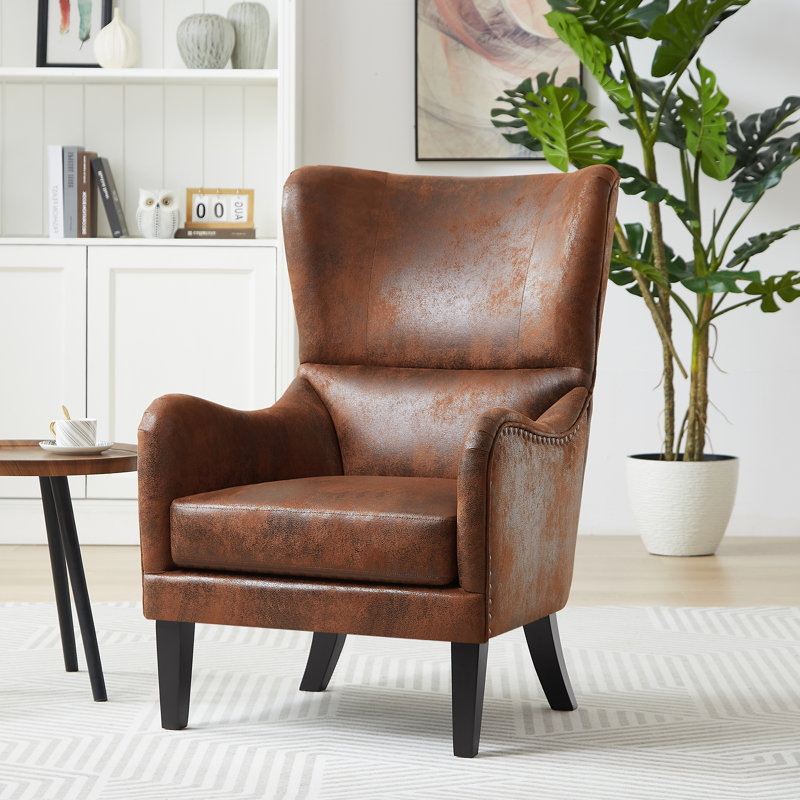  Fauteuil à oreilles haut dossier avec garniture cloutée, fauteuil rembourré pour le salon, la chambre à coucher et le bureau, brun
