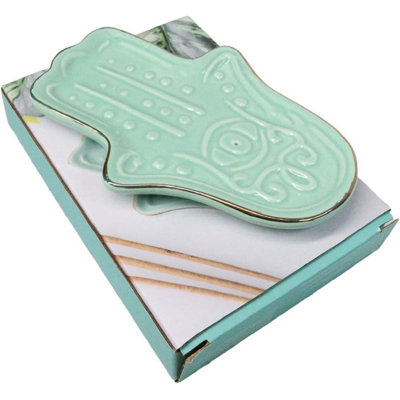 Mystical Turquoise Blue Hamsa Palm Hand Of Fatima Incense Holder Dish