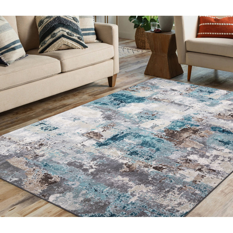 Lyanne Washable Non-Slip Blue Area Rug, Rectangle 6'7" x 9'