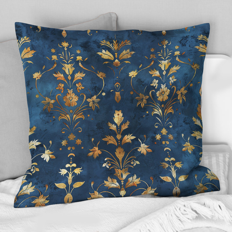 Coussin décoratif damassé Glam, Bleu / doré, H 16 po x l 16 po