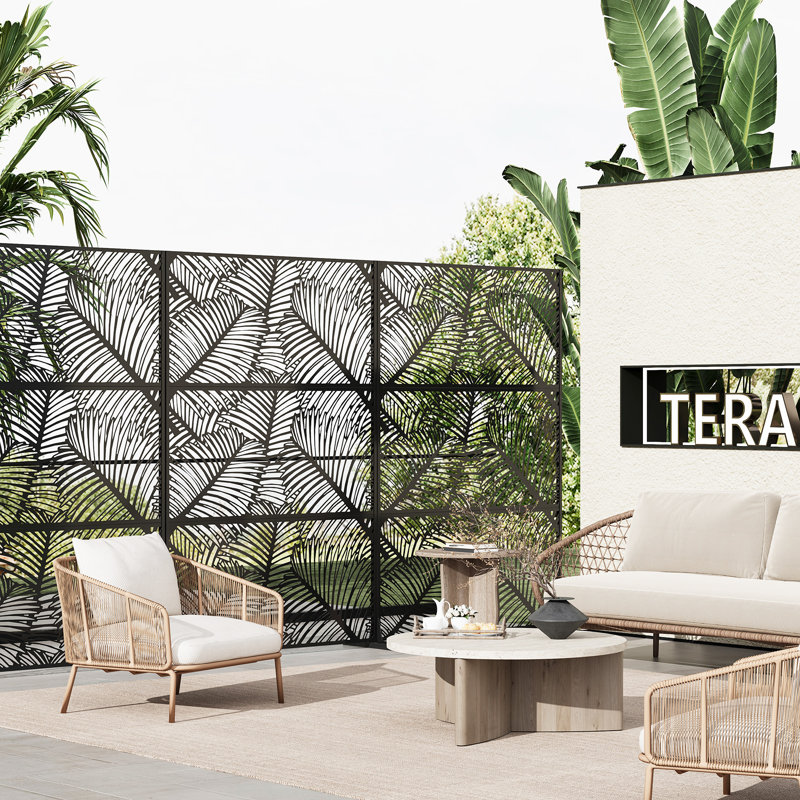 Freestanding Metal Privacy Screen, Laser Cut Decorative Garden Fence Panel with Stand, Rustproof Galvanised Steel Divider, 183x120cm, Black, Palm Leaf Style