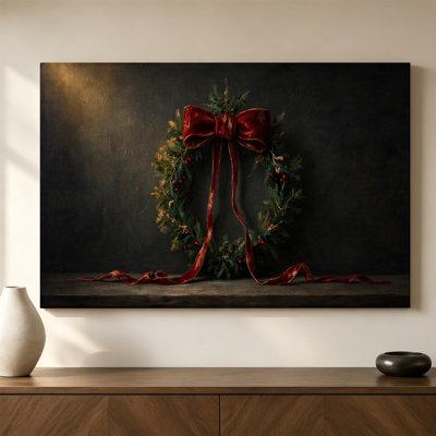 Classic Christmas Wreath Framed Canvas Wall Art with Gold Floater Frame, Horizontal Traditional Holiday Print for Dining Room, 16" H x 24" W