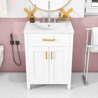 Ensemble de meuble-lavabo 24 po avec lavabo en céramique, tiroir et portes à fermeture douce