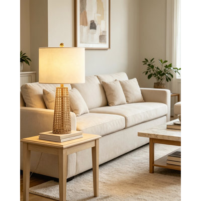 Set of 2 26.5"H Boho Rattan 3-Way Dimmable Table Lamps with Linen Shades for Bedroom Nightstand