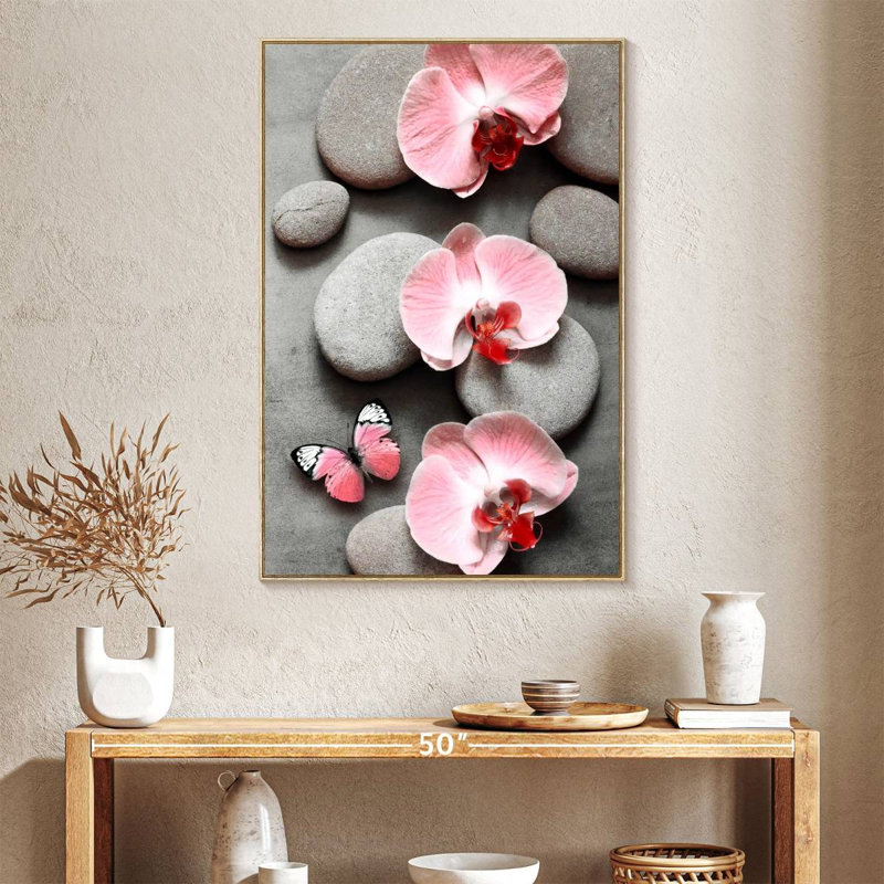 Zen orchidées roses et papillons, Floating Frame Natural Wood, 27" x 40"
