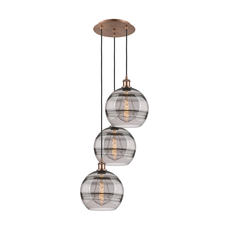 Luminaire suspendu en grappe à 3 lumières Chartoff, H 35,63 po x l 16,5 po x P 16,5 po, Gris fumée clair, Cuivre antique
