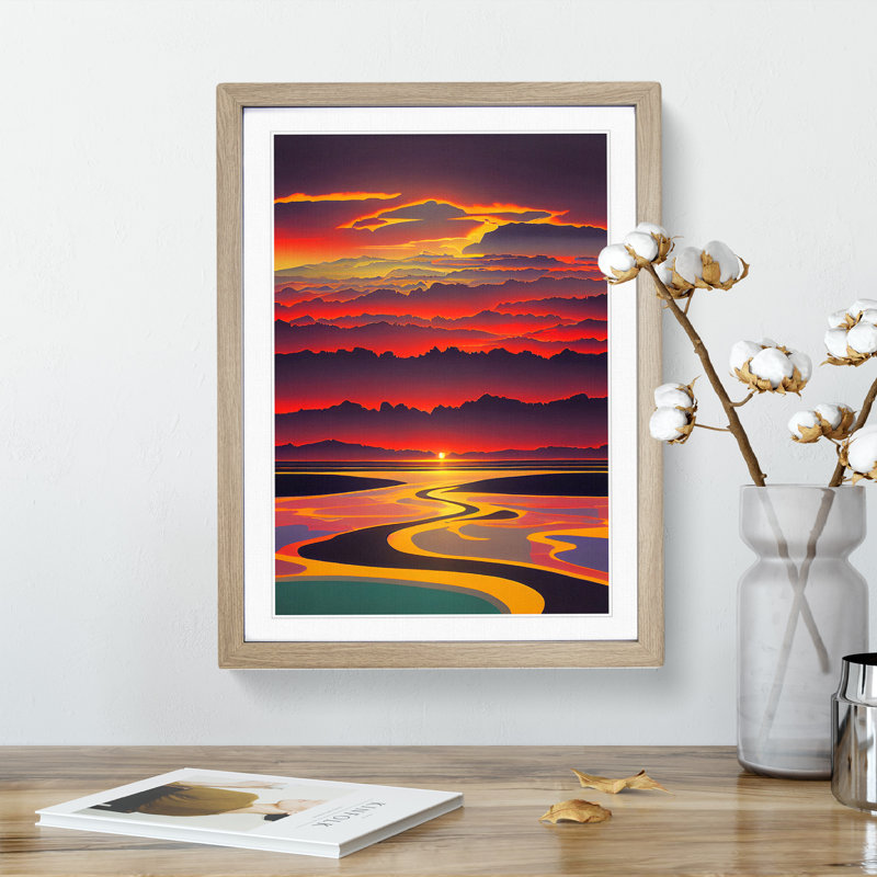Exquisite Sunset View - Single Picture Frame Print, 64cm H x 46cm W x 2cm D, Oak