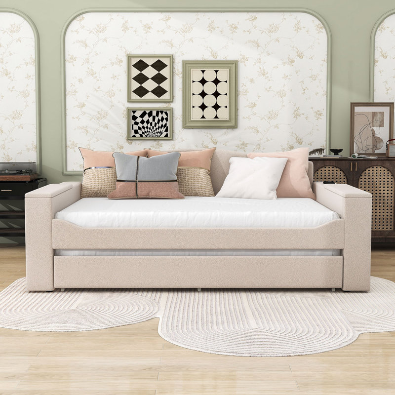 Ornie Wood Upholstered Daybed with Storage Armrests, Trundle and Integrated Bluetooth Audio System, Beige, Full/Double