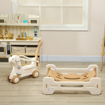 5 in 1 Kids Rocking Horse for Toddlers, Toddler Spring Rocking Toy Balance Bike Push Cart with Detachable Base, Alpaca-Shaped Rocker with Safety Guardrails, Footrests, Push Handle, Brown