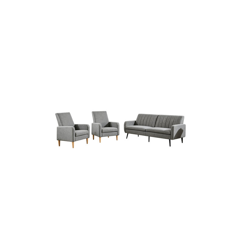 Modern Upholstered Living Room Set With Wooden Legs & Convertible Backrest, Light Grey, 3 Pcs: Sofa, 2 Chairs