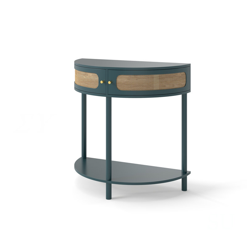 Half Moon Design End Table with Sliding Rattan Door, Antique Green