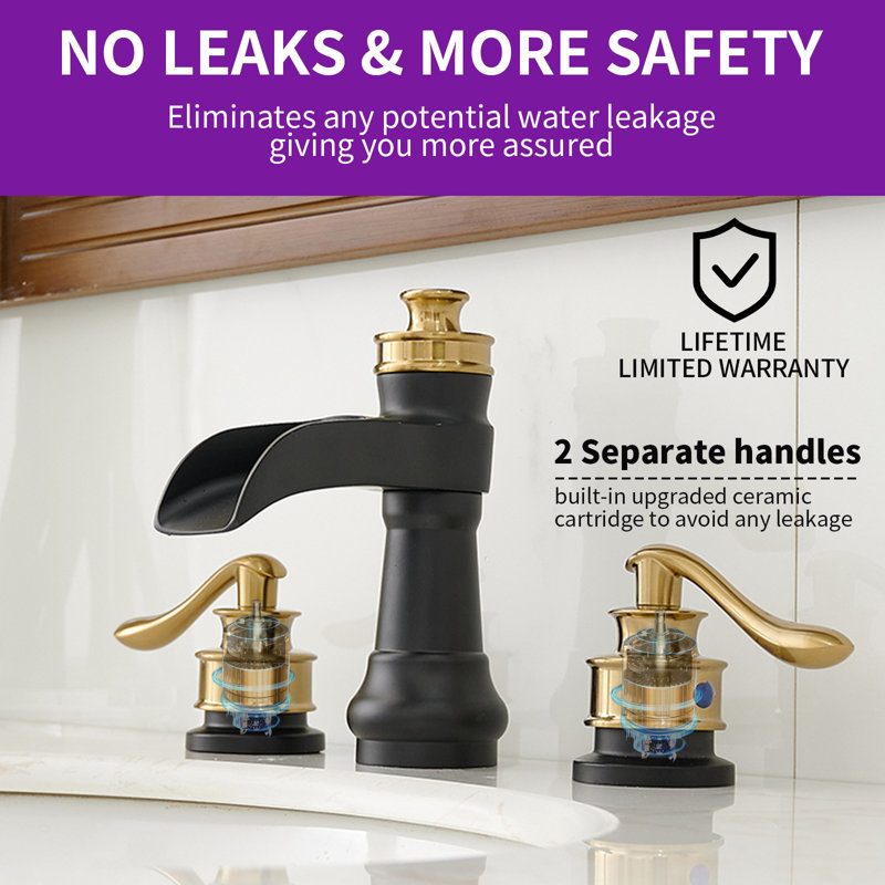 3-Hole 2-Handle Waterfall Widespread Bathroom Faucet with Drain Assembly, Gold/Black