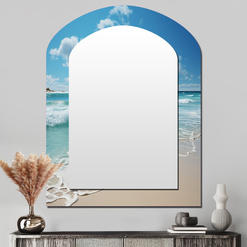 «Scenic Landscape Coastal Serenity VII - Ocean Arch Mirror», miroir mural asymétrique turquoise, reproduction d'art en métal