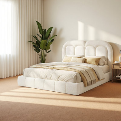 Boucle Upholstered Platform Bed with Tufted Headboard.Noise-Free, 800lbs Support, Durable  Easy to Clean