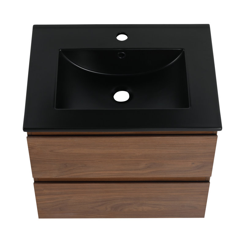 Meuble-lavabo mural de 1 po | lavabo en céramique noire | 2 tiroirs à fermeture en douceur | conception moderne | assemblage facile | peu encombrant
