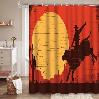Sunset Wooden Rodeo Cowboy Western Sport Shower Curtain with 12 Hooks