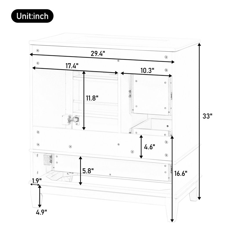 Meuble-lavabo 30 po avec lavabo intégré, 1 porte avec tablette, 3 tiroirs à fermeture en douceur, finition noire, Noir