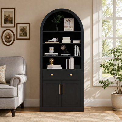 Bibliothèque haute en forme d'arche avec 3 tablettes ouvertes, 1 tiroir et un meuble de rangement inférieur pour salon ou bureau à domicile