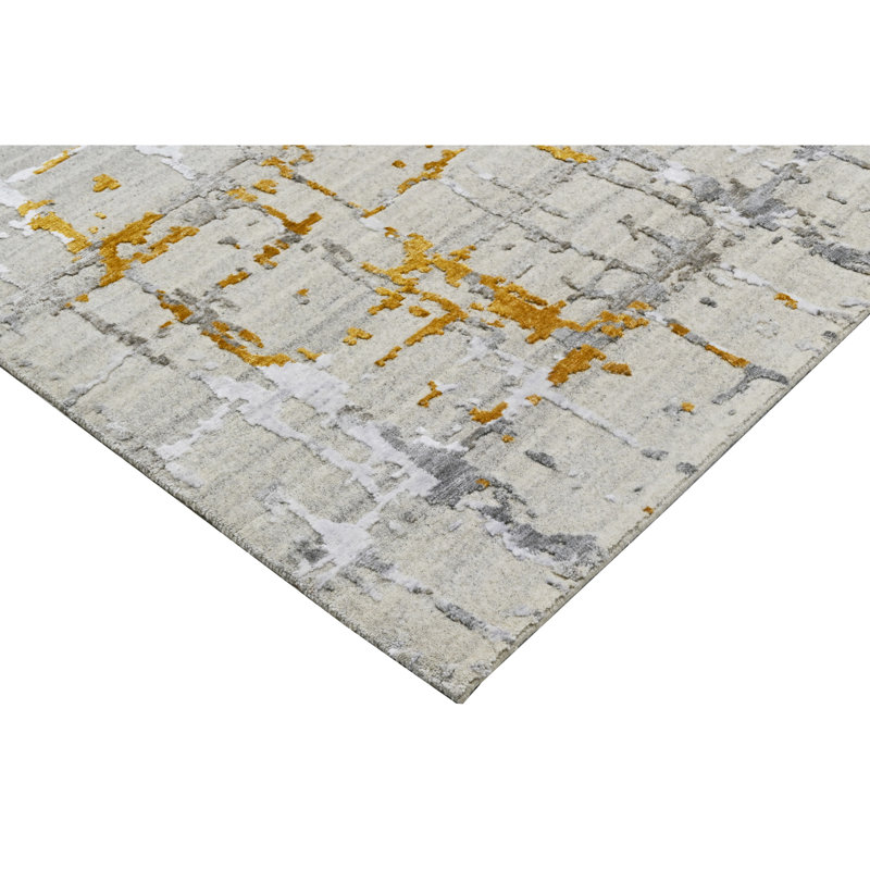 Hand Knotted Abstract Area Rug in Silver/Gray/Sand, Rectangle 3'6" x 4'8"