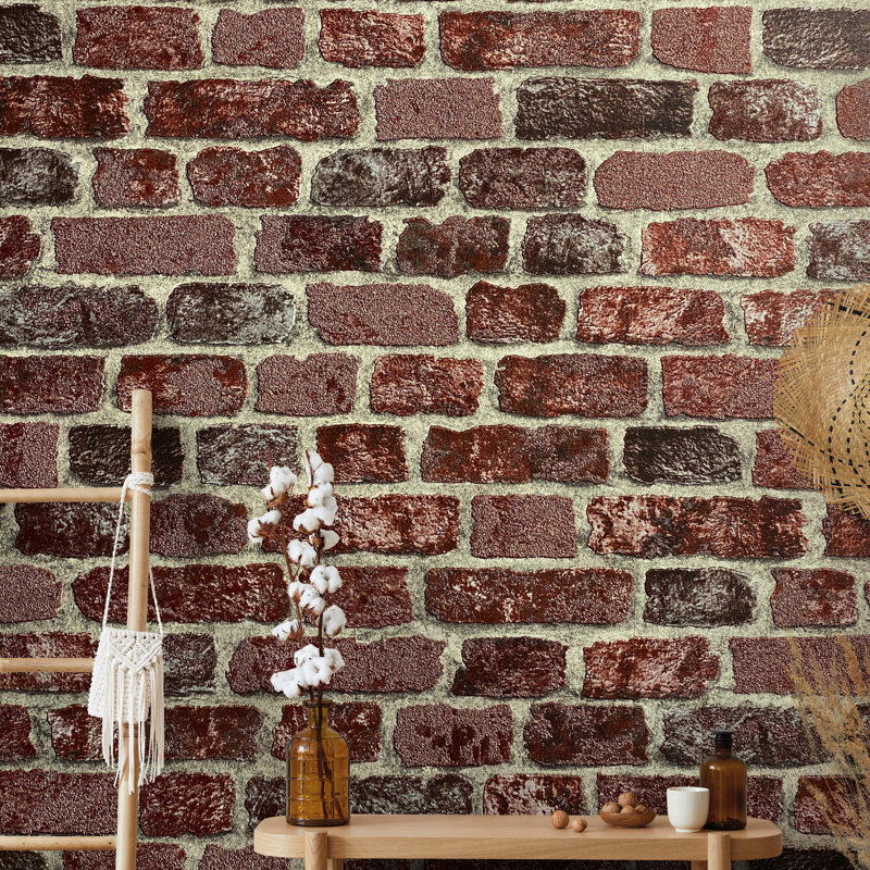 Ninti Industrial Effects Glass Stone Brick Effect Wallpaper Roll 10.05m x 53cm, Red