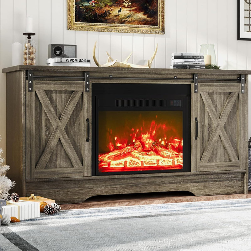 Fireplace TV Stand with 24" Electric Fireplace, Sliding Barn Door, Farmhouse Fireplace Entertainment Center with Adjustable Storage Cabinets, TV Console Table for Living Room