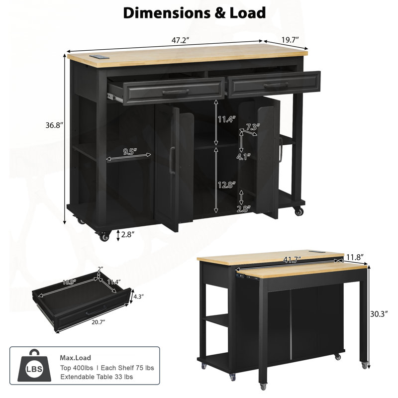 47 Inch Extendable Kitchen Island with Dining Table, Storage, and Power Outlet for Versatile Home Use, Black