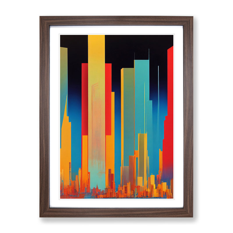 Animated City Skyline Abstract - Wall Art, 34cm H x 25cm W, Walnut Framed