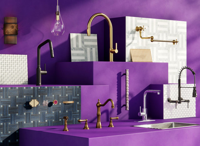 A curated display of kitchen and bathroom faucets, hardware, and tile samples in various finishes against a vibrant purple backdrop.