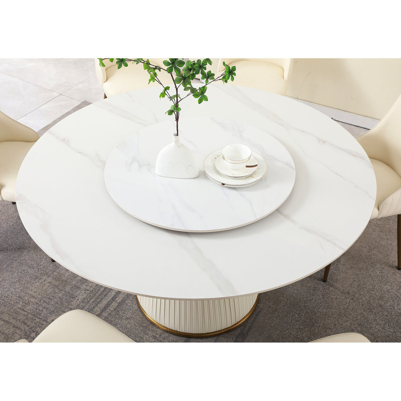 Table de salle à manger 59 po en pierre frittée avec support rotatif rond de 31,5 po, 6 à 8 places assises, plateau tournant moderne en bois et en métal avec grattoir, sièges 6 à 8 po, anti-rayures, support fin