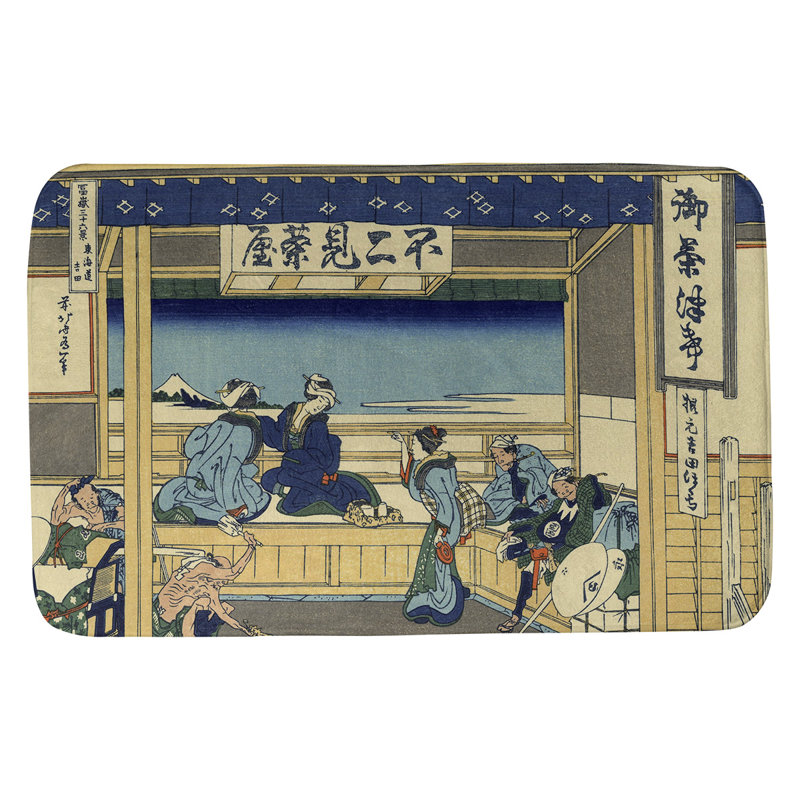 Tapis pour salle de bain antidérapant Clair Yoshida at Tokaido, l 17 po x L 24 po, Bleu ciel / Beige