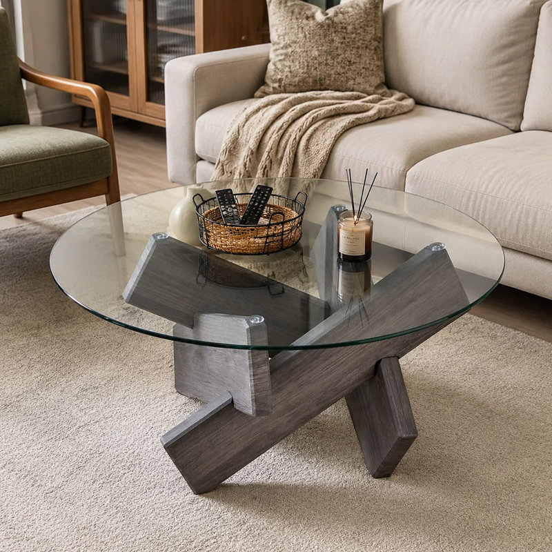 Table basse ronde moderne de 85 cm (33,4 po) avec dessus en verre trempé et piètement géométrique en bois, Gris