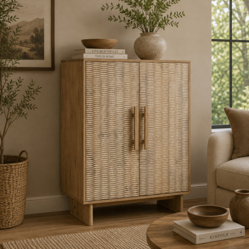 Armoire d'appoint Dally avec 2 portes sculptées, bois de manguier blanchi 45 po
