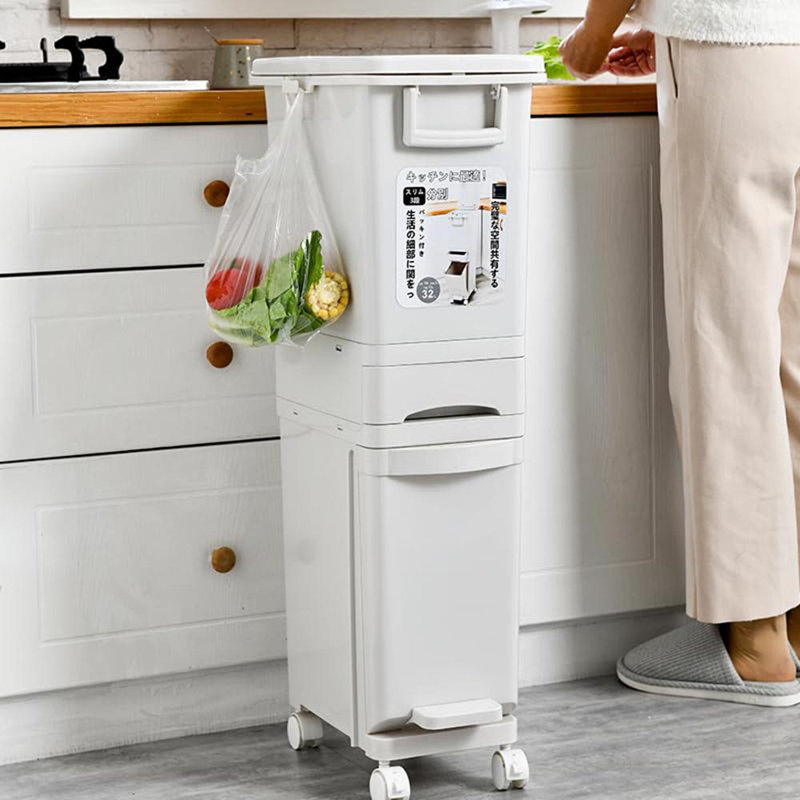 Vertical Waste Bin With Dual Compartments & Pedal – Dry & Wet Trash Separator With Wheels – Slim, Durable Recycling Container For Compact Kitchens, Homes & Workspaces