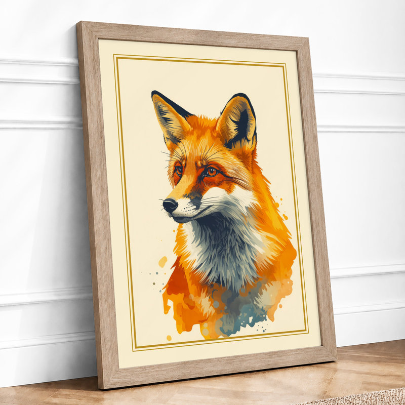 Fox in Watercolour Japandi - Framed Print, Oak, A4 - 29.7 x 21.0 cm