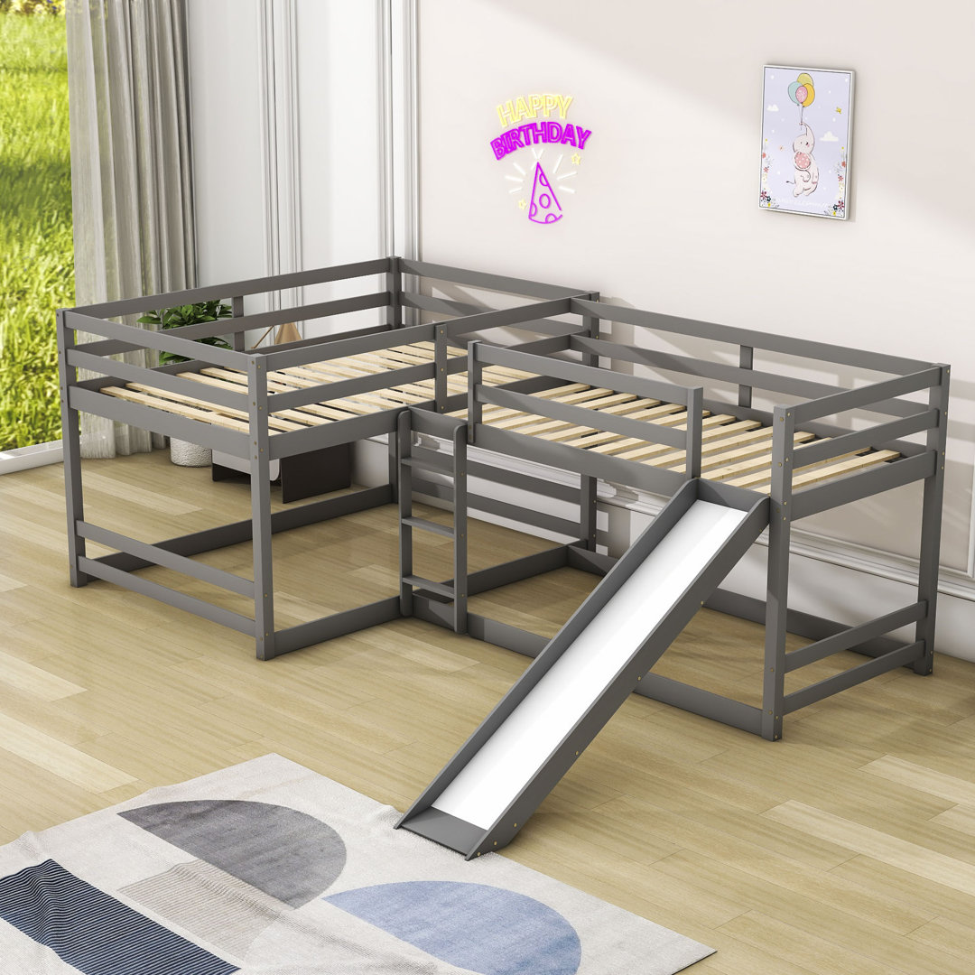Faso L-Shaped Quad Wood Bunk Bed, Full over Full and Twin over Twin Bunk Beds with Slide Harriet Bee Bed Frame 