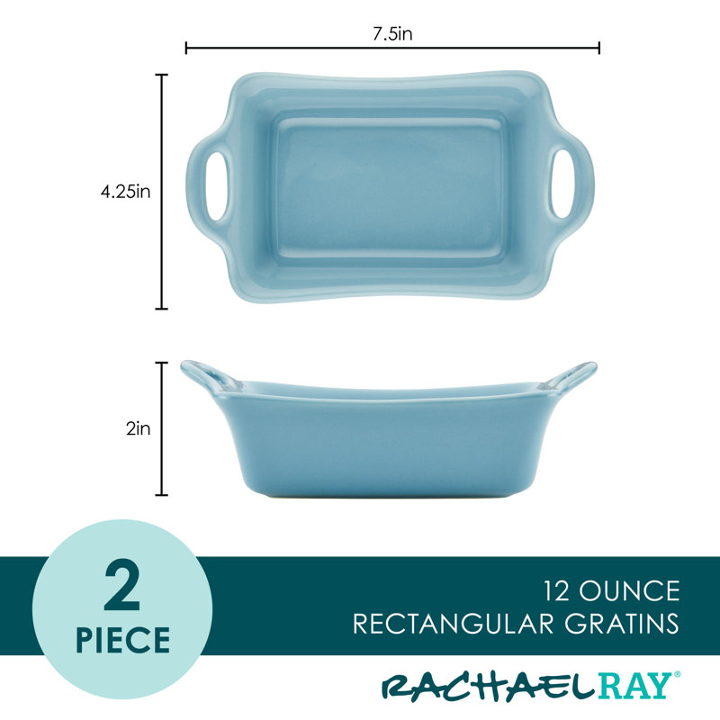 Rachael Ray Ceramics Rectangular Au Gratin Set, Two 12-Ounce, 2 Piece, Agave Blue