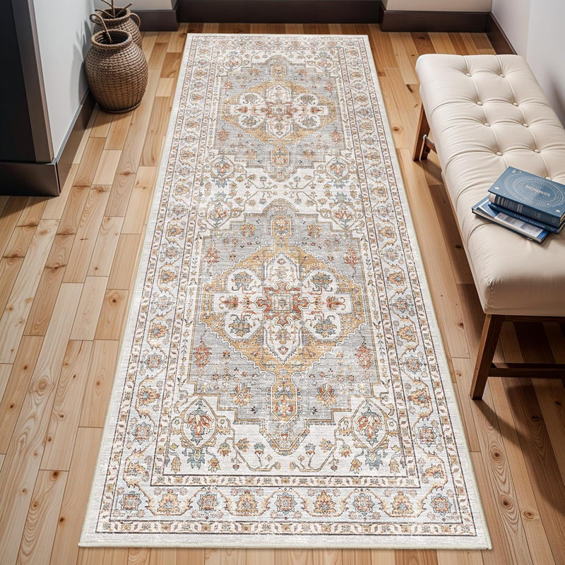 Washable Hallway Rug: Non Slip Rugs with Rubber Backing Soft Kitchen Rug Farmhouse Distressed Carpet for Living Room Bedroom Bathroom (Turmeric/Grey)