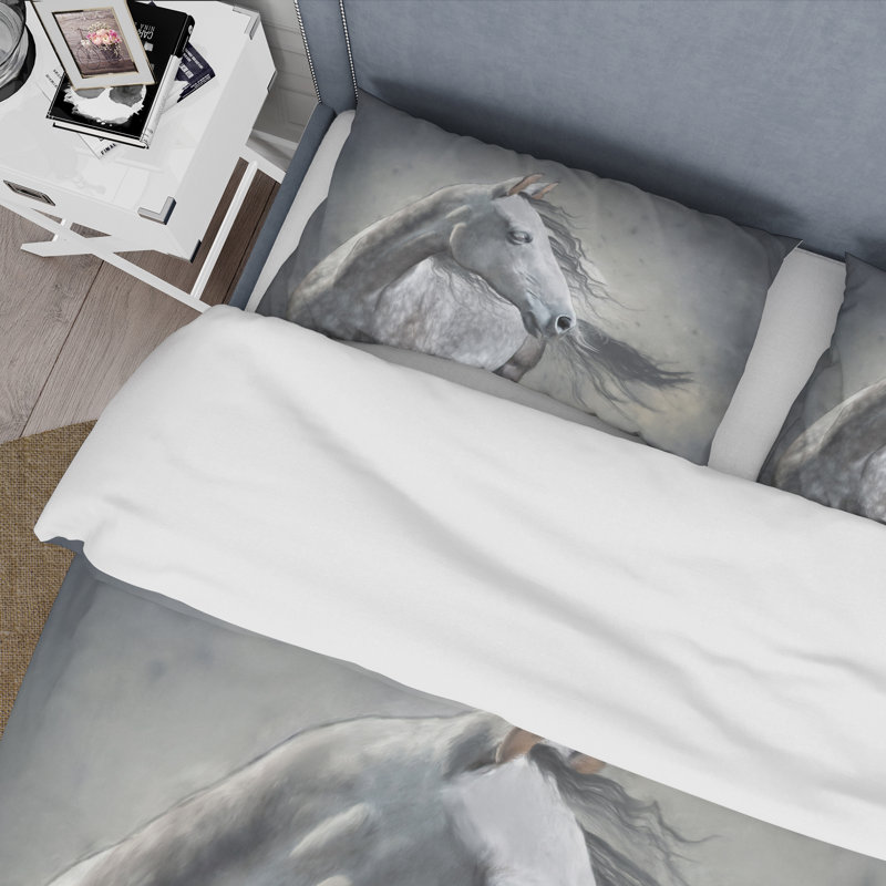 Portrait monochrome d'un cheval sauvage - Ensemble de housse de couette Farmhouse - Microfibre de polyester