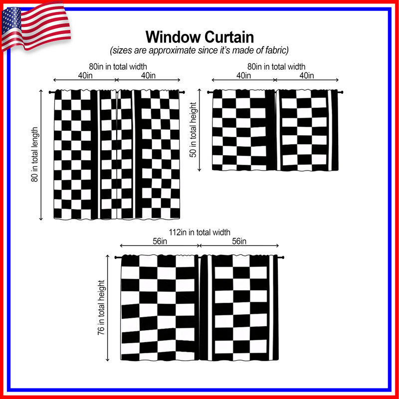 Rideaux à carreaux noirs et blancs obscurcissant et obscurcissant - 2 panneaux, 40in x 52in - 2 panels, Sheer