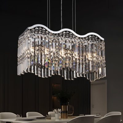 Lustre rectangulaire moderne à 5 lumières en cristal, suspension luxueuse chromée avec cristaux K9 prismatiques pour salle à manger et cuisine