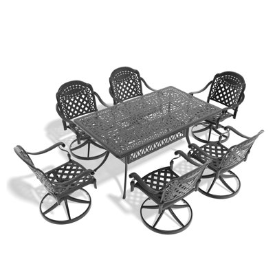 7-Piece All-Weather Cast Aluminum Outdoor Dining Set with 6 Swivel Chairs and Cushions, Black
