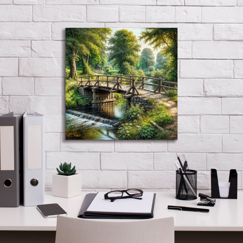 «Countryside Bridge Over Stream» par Rey Klimt, art mural sur toile, H 18 po x l 18 po