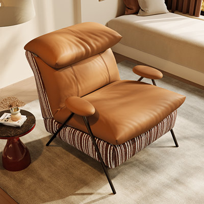 Fauteuil d'appoint moderne, fauteuil rembourré en chenille et cuir, structure en bois massif, confortable pour la lecture dans le salon, la chambre et le bureau, orange