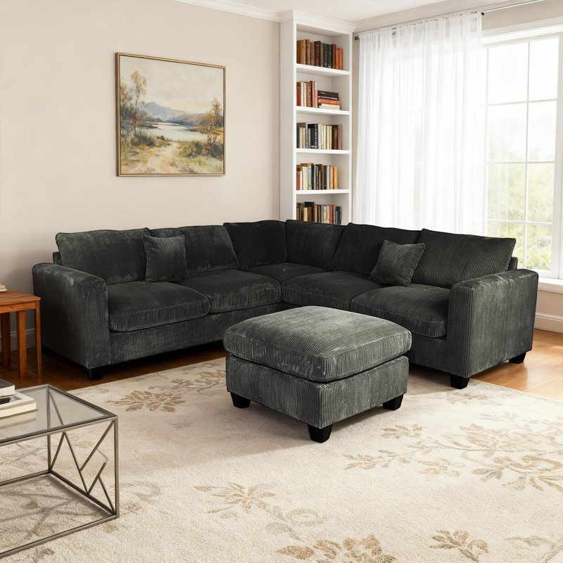 L-Shaped 4-Piece Modular Sectional With Cocktail Ottoman & Corduroy Upholstery, Black