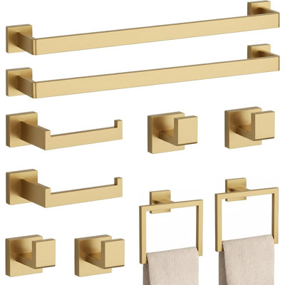 10-Piece Brushed Gold Bathroom Accessories Set With Towel Bar, Towel Ring, Toilet Paper Holder And Hooks, Wall Mounted Stainless Steel Hardware, Rust-Resistant For Modern Bathrooms