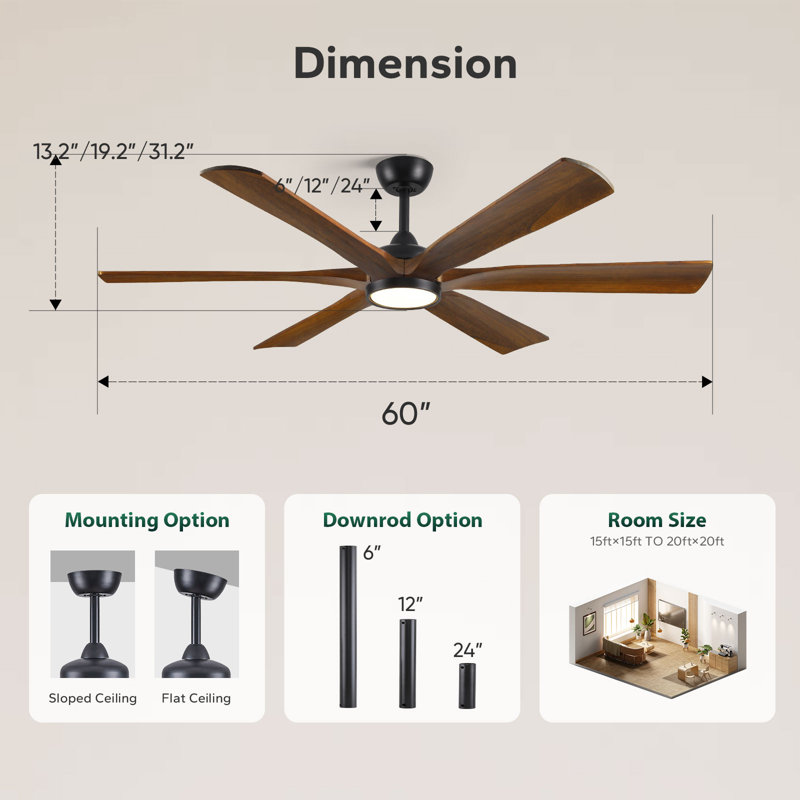 6 - Blade Solid Wood Ceiling Fan With Light, Wood Propeller Design Ceiling Fan With Remote,6 Speeds, Timer, Dimmable 3 Color Temps, Quiet Reversible Dc Motor, High Cfm
