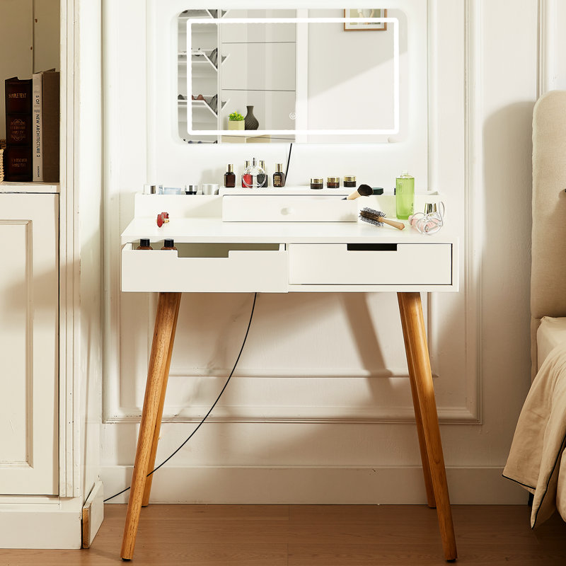 Coiffeuse pour chambre à coucher en blanc avec éclairage à intensité variable 3 couleurs, miroir amovible de 3Mm Hd et tablettes ouvertes pour les petites lumières de maquillage pour meuble-lavabo, espaces de rangement amovibles à 2 tiroirs