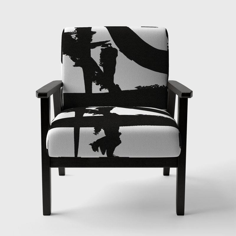 Graceyn - Black & White Crossing Paths I - Velvet Upholstered Modern Accent Arm Chair, Black Square Arms